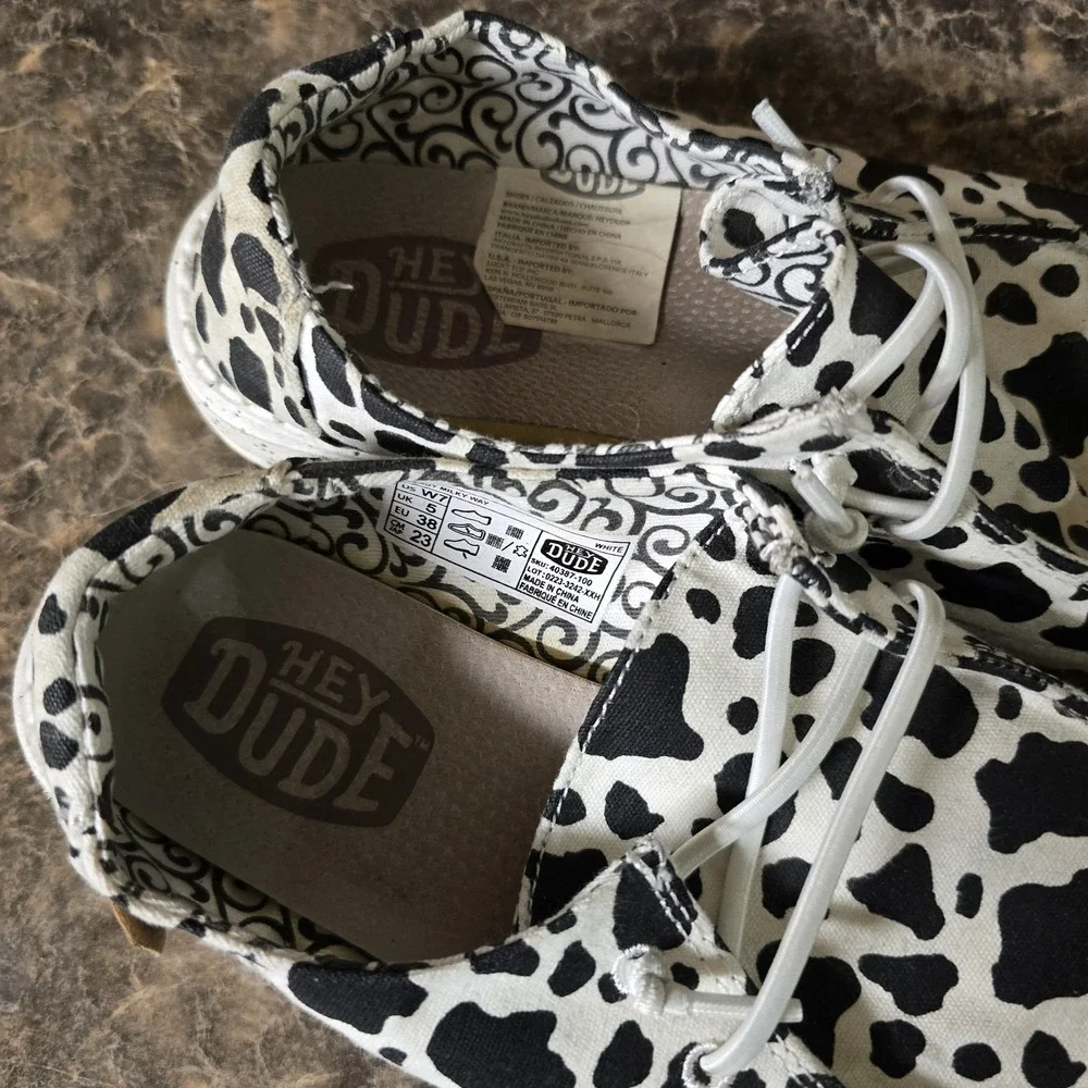hey dude wendy womens size 7 shoes black white cow slip on comfort sneakers